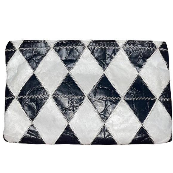 Handbags - Vintage Black and White Diamond Leather Clutch Bag with Detachable Strap